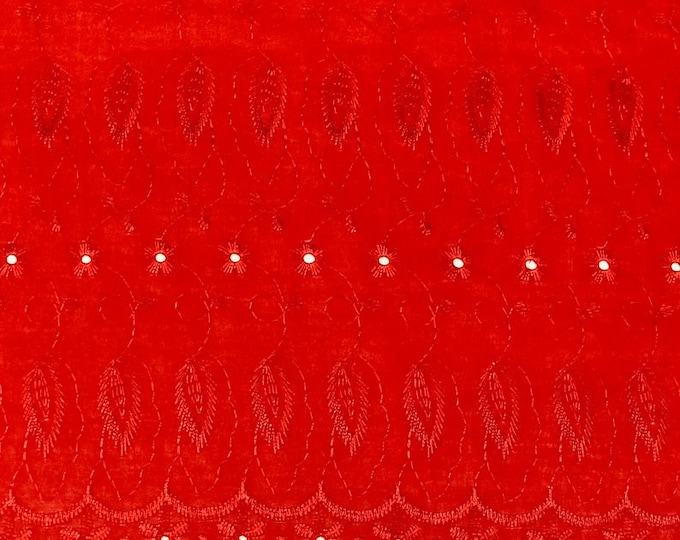 Red Medium Weight Eyelet Double Scalloped Finished Edge Stitched Embroidery Poly Cotton Fabric, 42" Wide