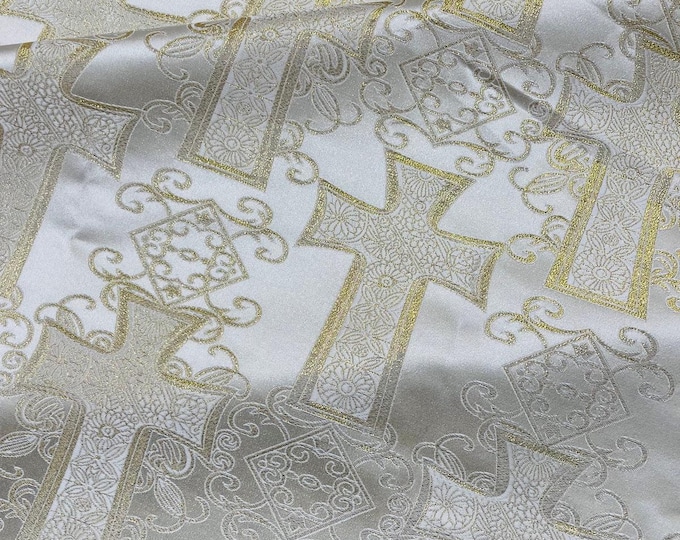 Beige Gold Cross Jacquard Satin Fabric – Religious Brocade Cloth for Vestments, Church Decor, Costumes & Crafts