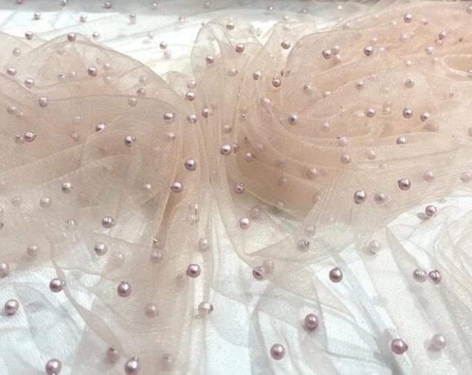 Blush pink Scattered Pearls Mesh, 2-Way Stretch Fabric per yard