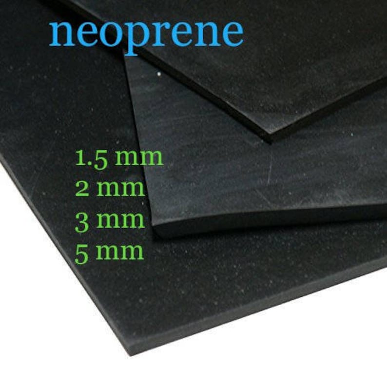 May include: Four sheets of black neoprene rubber in different thicknesses: 1.5 mm, 2 mm, 3 mm, and 5 mm. The sheets are stacked on top of each other.