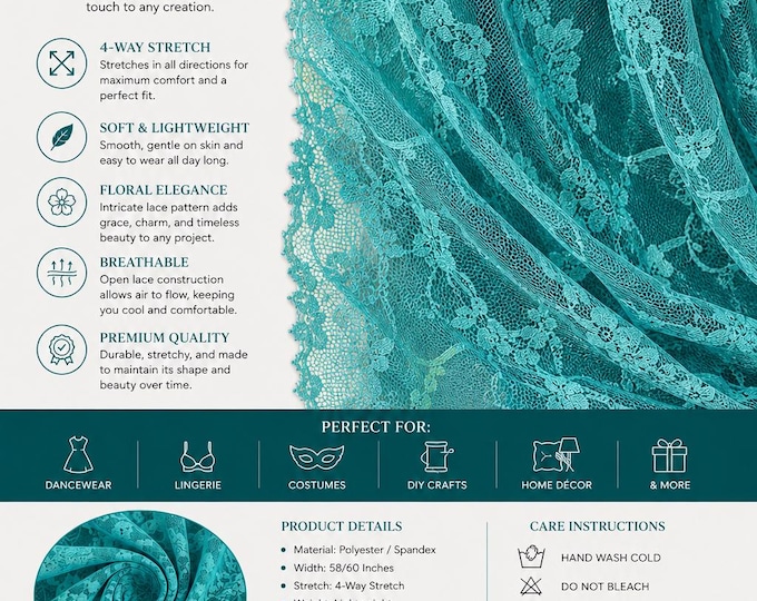 Teal Floral Stretch Lace Fabric, 4-Way Spandex by Yard, Lingerie Dresses Pageant