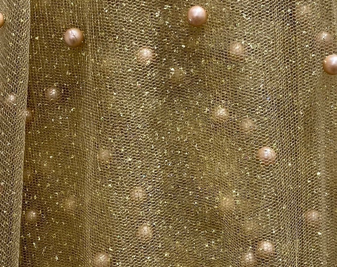 Camel Very Soft Tulle with Pearls | Tulle with Beads | 52" Wide | Bridal Veil Tulle, Wedding Dress |