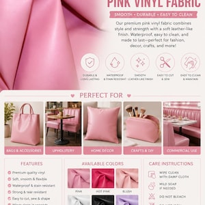 May include: A sheet of smooth pink vinyl fabric with a leather-like finish. The image includes text describing the material as durable, waterproof, and easy to clean, with examples of finished items like bags, pillows, and upholstery.