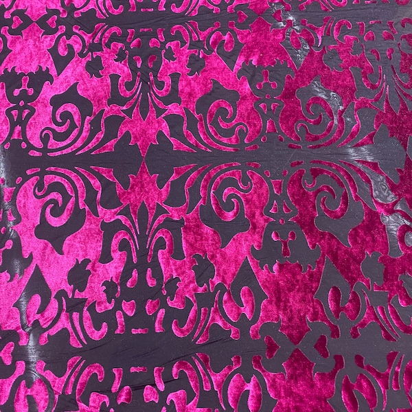 Fuchsia damask Stretch burnout Velvet lace great for so many beautiful projects