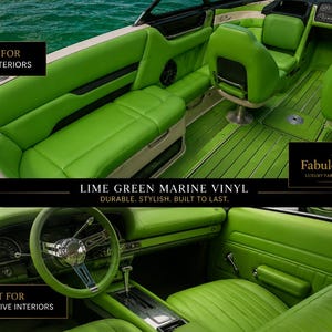 May include: Lime green marine vinyl fabric shown applied to boat and car interiors. The material features a smooth, vibrant green surface used for seating, dashboards, and flooring, demonstrating its application in various vehicle upholstery projects.
