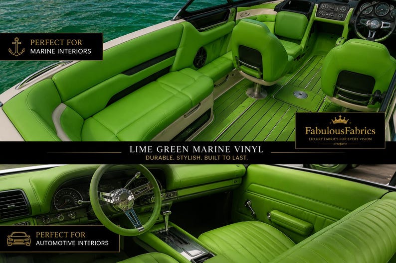 May include: Lime green marine vinyl fabric shown applied to boat and car interiors. The material features a smooth, vibrant green surface used for seating, dashboards, and flooring, demonstrating its application in various vehicle upholstery projects.