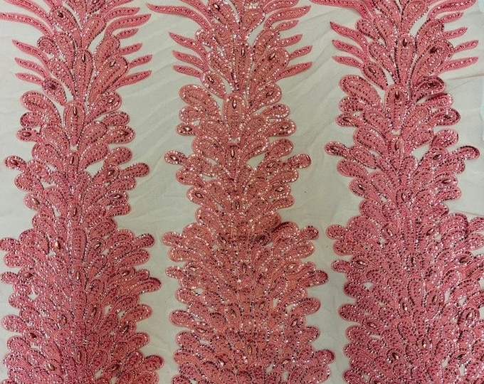 Dusty rose peacock sequin gem beaded on mesh, sold by the PANEL
