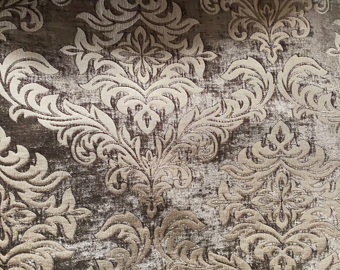 Chenille Damask mocha Shelby upholstery furniture fabric by the yard