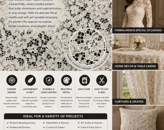 White Vintage corded Floral lace Fabric Sold By The Yard