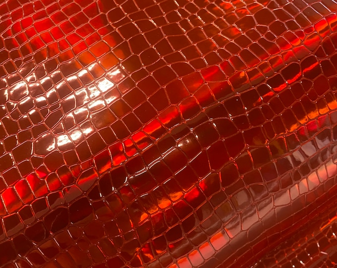 Vinyl faux leather Red Embossed  Crocodile Hologram Glossy Fabric