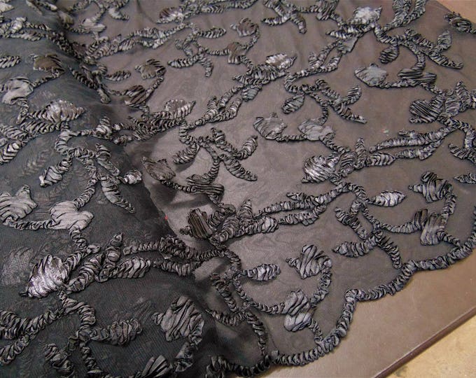Ribbon Embroidery BLACK Scalloped Edge Lace Fabric Perfect for Wedding Dress and Prom Mechanical Stretch Sold By the Yard 50" Width