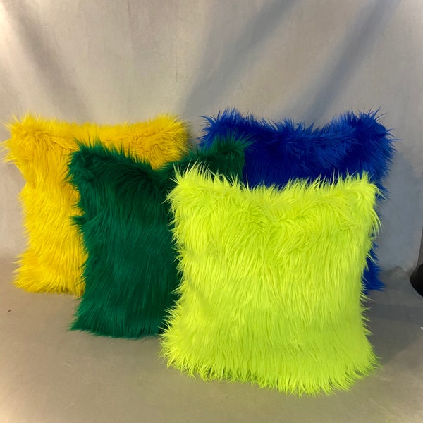 Soft furry shaggy fuzzy faux fur home decor pillows, nursery, dorm, lounge area ideas available in MUTIPLE COLOR & SIZES.