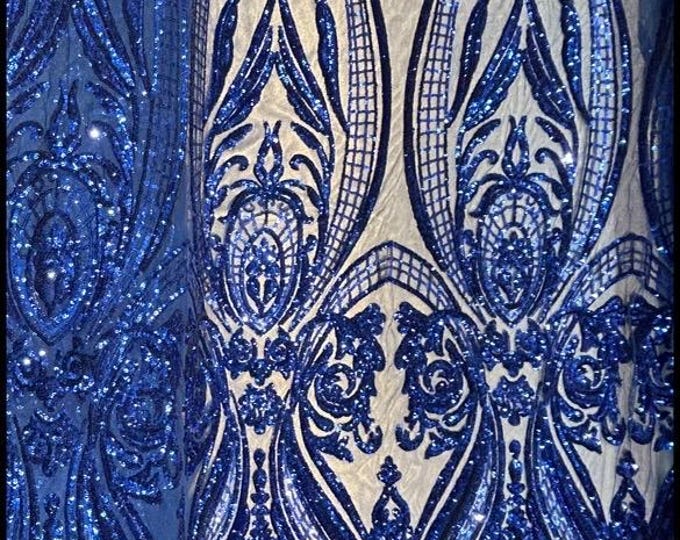 Victorian Egg/Tulip, royal blue, Big Print, Sequin, 4-way Stretch, Fabric 54" Sold By the Yard