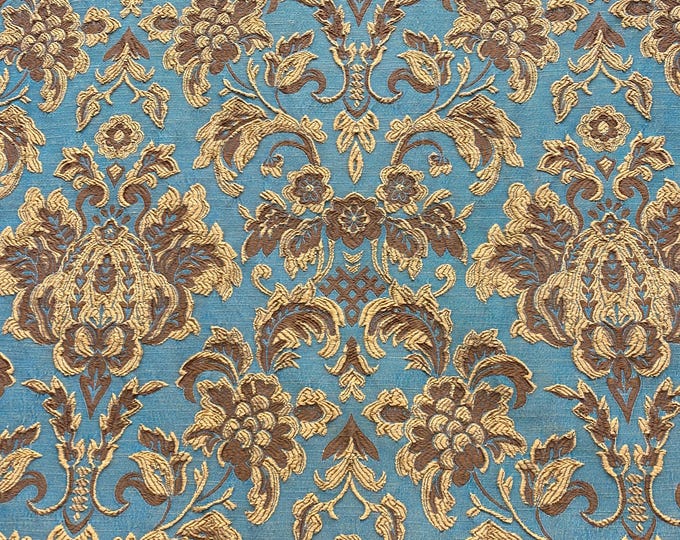 Brown jacquard damask on blue upholstery furniture fabric by the yard