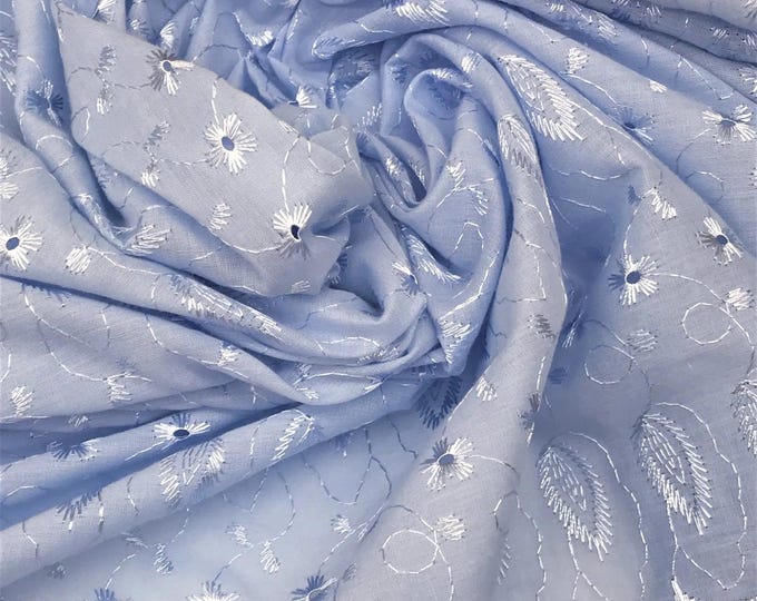 Baby Blue Medium Weight Eyelet Fabric – Double Scalloped Edge – Finished Border – Embroidery Cotton Fabric by the Yard