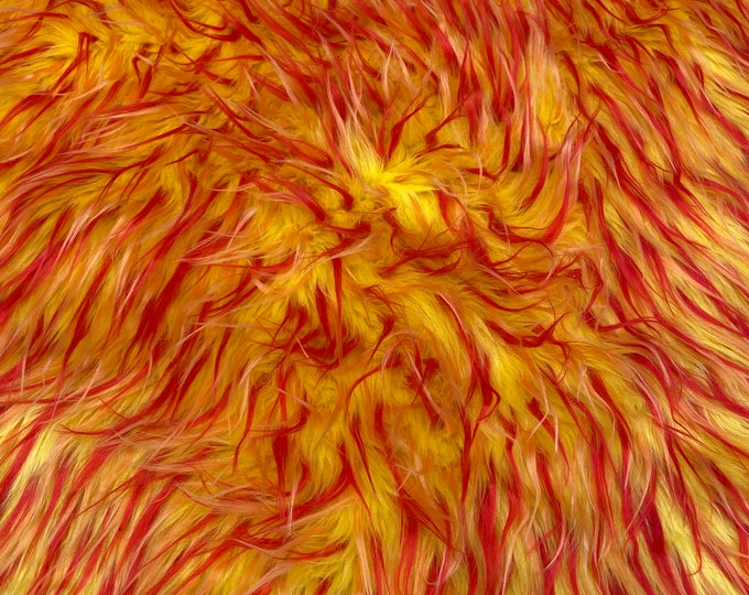 58"  Wide Spike Faux fur red orange on yellow Upholstery Fabric by the yard