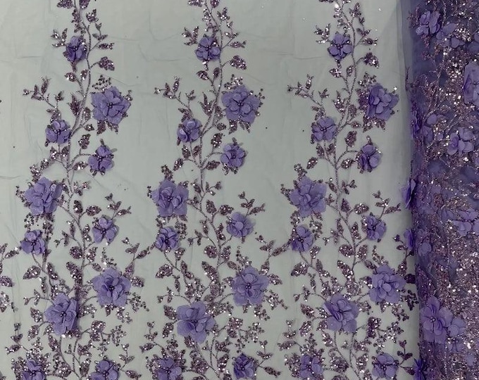 Lialc 3d glitter floral embroider with pearls mesh lace scalloped, sold by the yard 54” wide