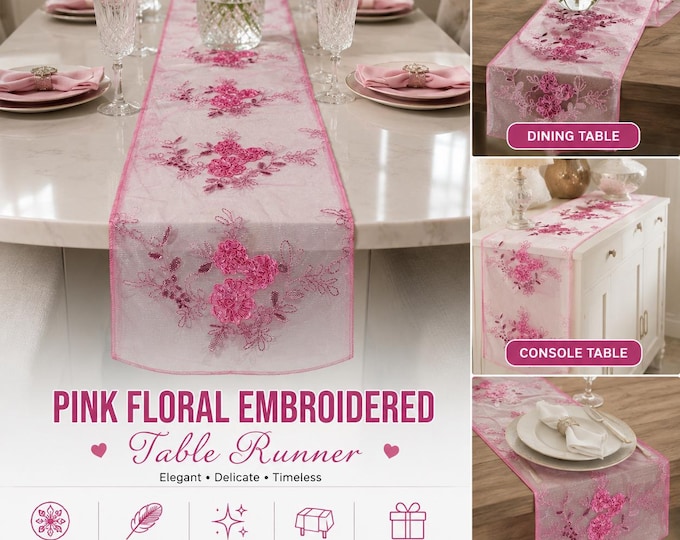 Pink Floral Embroidered Sheer Organza Table Runner | Elegant Wedding Home Décor