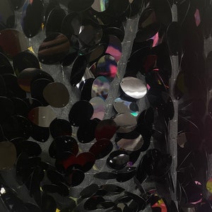 May include: Black sequin fabric with a mesh backing. The sequins are round and have a slight iridescent sheen.