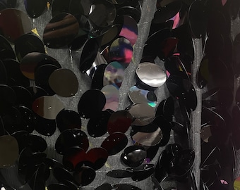 Black Jumbo Shiny paillette sequin on mesh fabric sold by yard