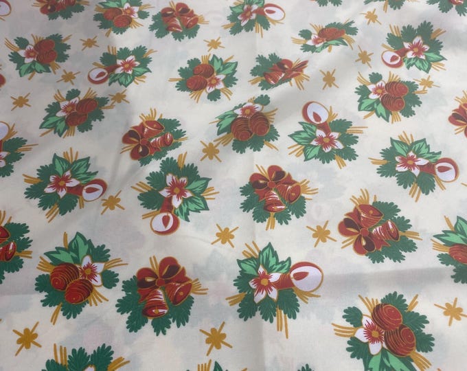 Christmas ornaments gifts on ivory Polyester Poly poplin tablecloth, linens, Fabric By The Yard 58"/60