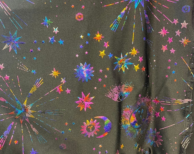 Multi  galaxy foil on black stretch spandex SOLD BY YARD 60 inches wide