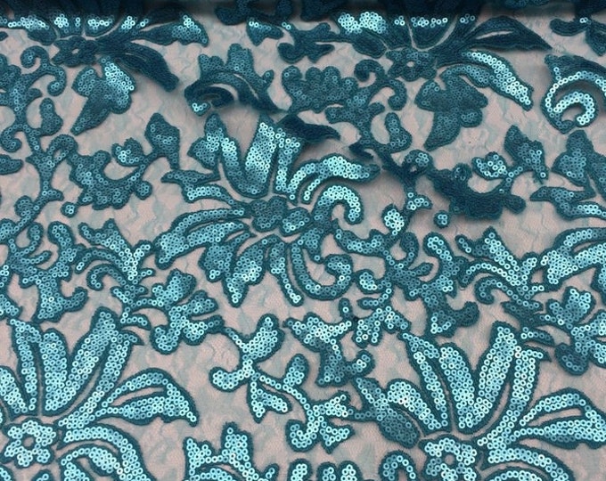 Lace Dress Gowns 56" Wide Turquoise Floral Fashion With Sequins Fabric Sold By The Yard