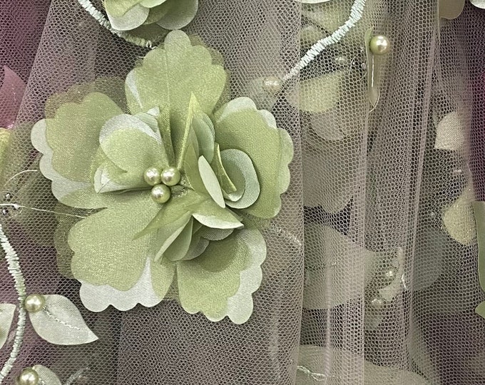 Sage 3d floral design ,embroider with pearls mesh lace scalloped, sold by the yard 54” wide