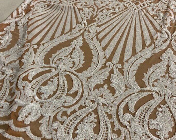 4-way Stretch Geometric Seashell fishnet sequin mesh dress grown Fabric BY THE YARD