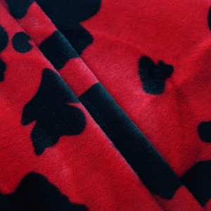 Cow Animal print Velboa Black on Red Spots Fabric BY THE YARD 60" Wide