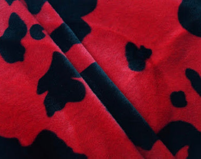 Cow Animal print Velboa Black on Red Spots Fabric BY THE YARD 60" Wide