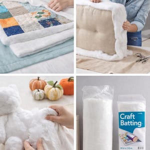 May include: A collection of images showcasing various craft projects. Includes a quilt in progress, a cushion being upholstered, a plush bear, and packages of craft batting, 24 x 110 inches.