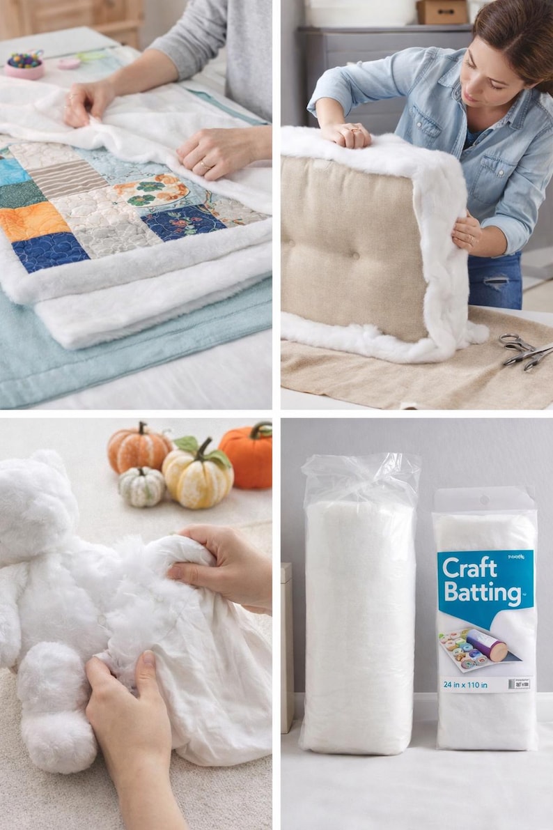 May include: A collection of images showcasing various craft projects. Includes a quilt in progress, a cushion being upholstered, a plush bear, and packages of craft batting, 24 x 110 inches.