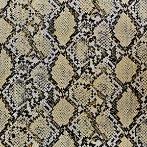 May include: A close-up of a snakeskin pattern fabric with a beige, black, and brown color scheme. The fabric has a textured surface and a repeating pattern of scales.