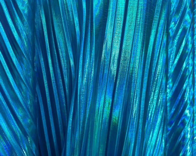Turquoise Accordion foil Pleated Polyester Fabric/Stretch Fabric/Light Weight/ 58 Inches Wide.