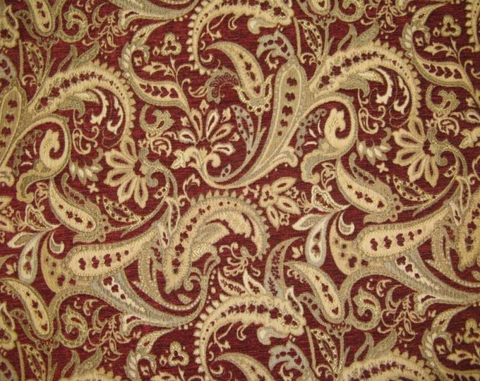 Crimson Paisley Chenille Upholstery Drapery fabric by the yard 57" Wide