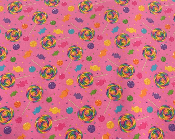 Candy Land Spandex Fabric – Pink Background with Colorful Lollipops & Sweets – Stretch Fabric by the Yard