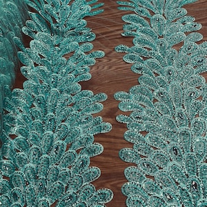 Turquoise peacock sequin gem beaded on mesh, sold by the PANEL - prom, wedding, pageant, costume