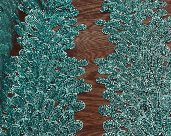 Turquoise peacock sequin gem beaded on mesh, sold by the PANEL - prom, wedding, pageant, costume