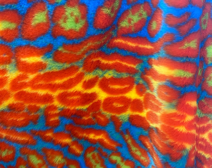 Orange / Blue Multi colored Leopard Spotted shaggy short pile faux fur fabric by the yard
