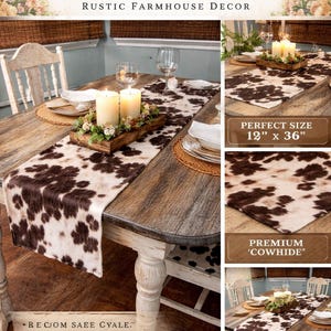 May include: Cowhide table runner, rustic farmhouse decor. The runner is brown and white, with a cowhide pattern. It measures 12 inches by 36 inches. The image also includes a wooden table, candles, and the text "Available on Etsy."