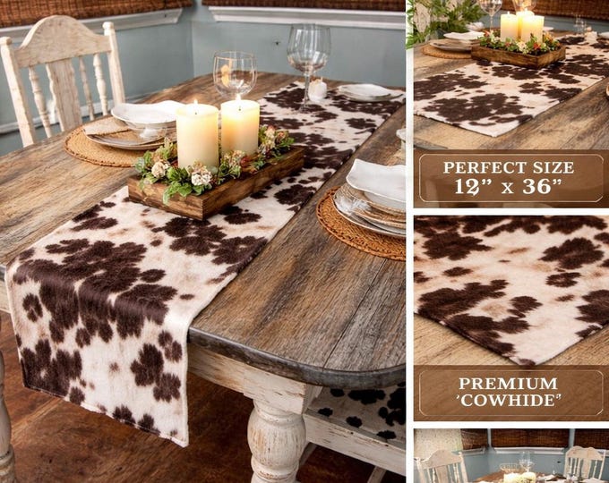 Rustic Brown Cowhide Farmhouse Table Runner 12 x 36 Inch Centerpiece Decor, Western Country Dining Table Accent