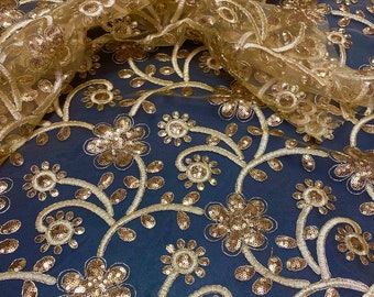 Gold scalloped Floral lace Fabric Sold By The Yard