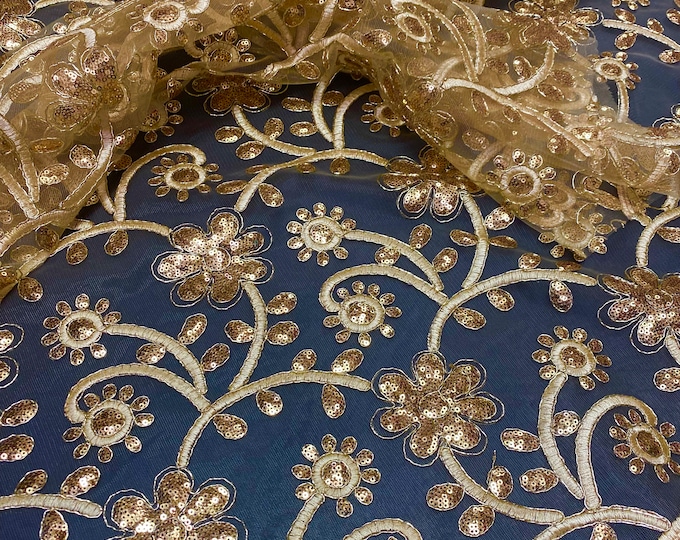Gold scalloped Floral lace Fabric Sold By The Yard