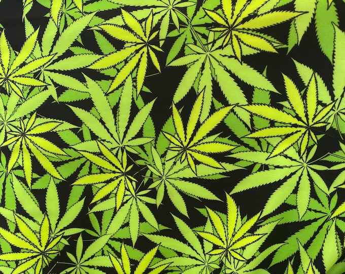spandex stretch bright green on black, FLOWER  (PLANT) leaves print sold by the yard