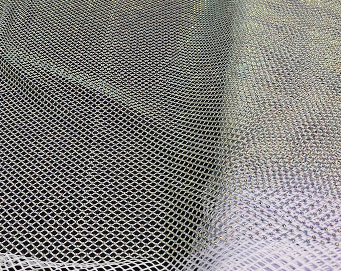 Rhinestone on white Mesh Shiny Stretch Crystal Rainbow Rhinestone Fabric