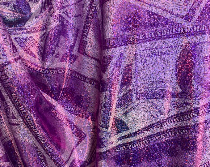 Purple Money glitter foil pattern 4 way stretch fabric, SOLD BY YARD 60 inches wide