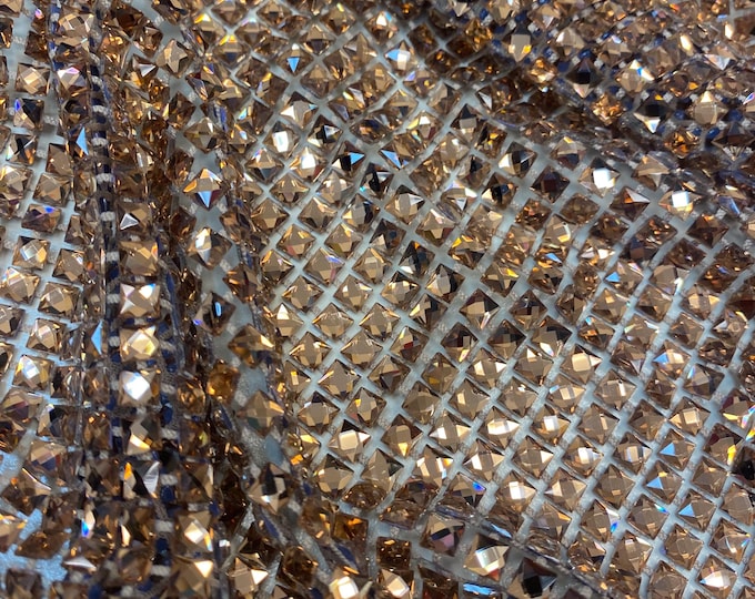 Gold Diamond Rhinestone Mesh Fabric – Sparkly Crystal Net Fabric by the Yard for Costumes, Dancewear, Gowns, DIY Crafts