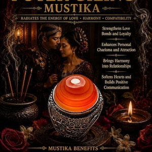 Puede incluir: Un anillo con una piedra grande, redonda y con bandas naranjas, montada en una banda de metal oscuro ornamentada. La imagen incluye el texto: POWERFUL PUTER GILING MUSTIKA, RADIATES THE ENERGY OF LOVE, HARMONY, COMPATIBILITY, MUSTIKA BENEFITS, LOVE ATTRACTION, HARMONY, ATTRACTION, STRENGTHENING, COMMUNICATION.