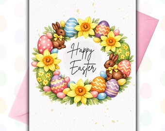 Biglietto di auguri con ghirlanda pasquale acquerellata, coniglietto e narciso (download digitale 4x6)